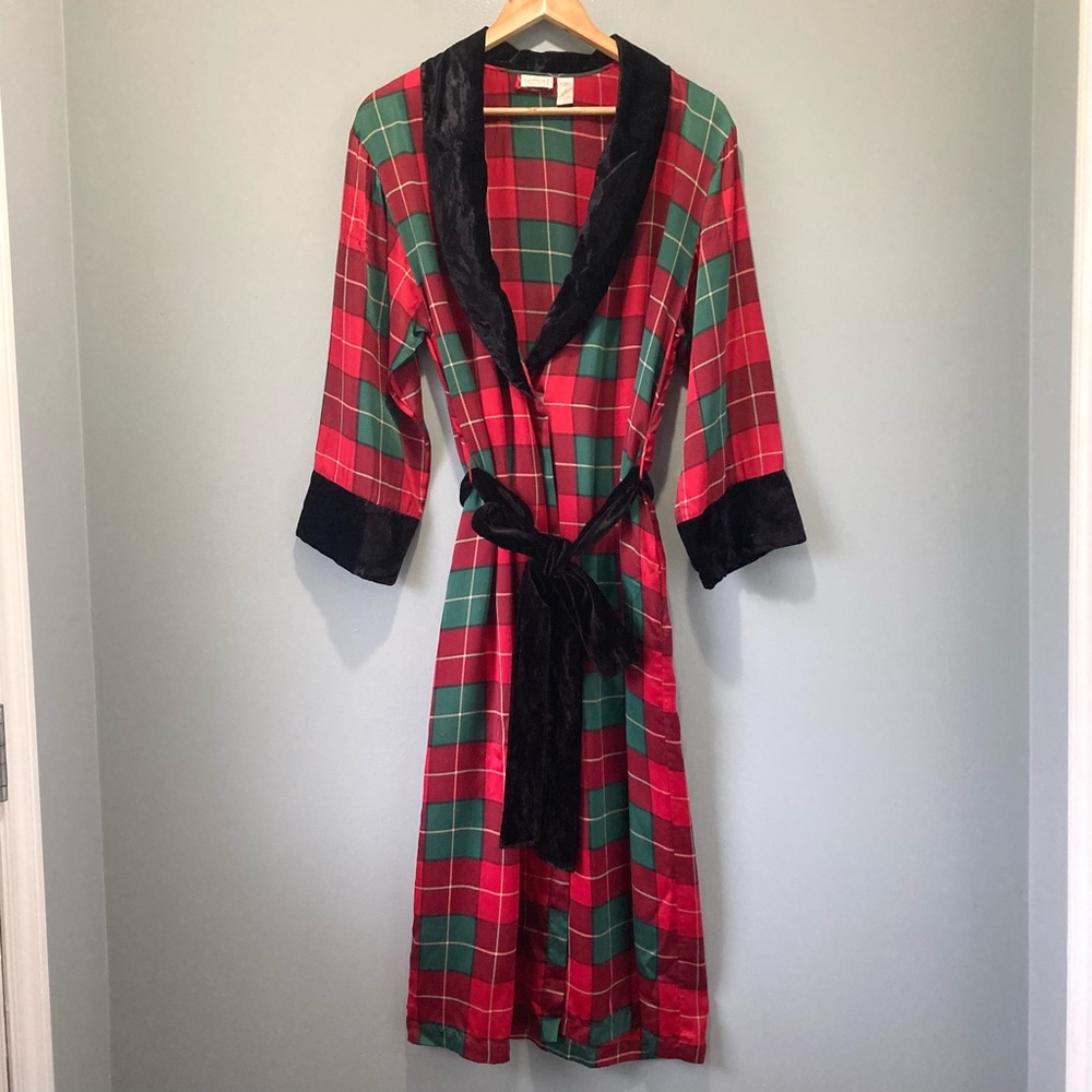 90s Vintage Silk & Velvet Belted Robe La Senza Green and Black Plaid